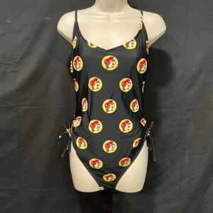 Buc-ees Swimsuit One Piece Mascot Print 2X Black Adjustable Straps Side Ties